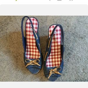 Dexter Denim Slingback Cork Wedge Sandals Shoes NWT